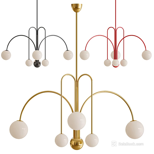 Modern Black Red Gold Chandeliers With Curved Arms And White Spherical Bulbs 3d model