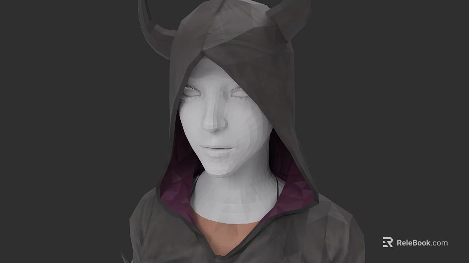 Hooded Woman With Horns In Dark Cloak And Purple Lining 3d model 