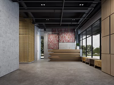 Modern Wooden Front Desk Interior With Red Wall Decor Large Windows And Open Space 3d model