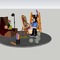 Cartoon Artist Painting On Easel With Canvas Sculpture And Art Supplies Under Blue Sky