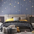 Cozy Kids Bedroom Interior With Starry Sky Wallpaper Yellow Pillows Gray Bedding And Toys