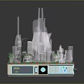 Cartoon City Model With Tall Transparent Buildings Green Circular Areas And Colorful Lights