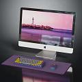 Sleek Electronic Desktop Computer Setup With iMac Monitor Colorful Keyboard Purple Mouse And Lighthouse Screen