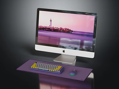 Sleek Electronic Desktop Computer Setup With iMac Monitor Colorful Keyboard Purple Mouse And Lighthouse Screen 3d model