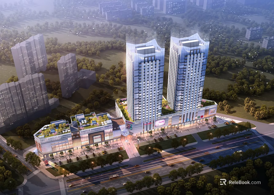 Modern Commercial Street With Twin Tall Buildings Greenery Surrounding Roads And Commercial Complex 3d model 