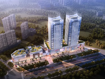Modern Commercial Street With Twin Tall Buildings Greenery Surrounding Roads And Commercial Complex 3d model