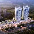 Modern Commercial Street With Twin Tall Buildings Greenery Surrounding Roads And Commercial Complex