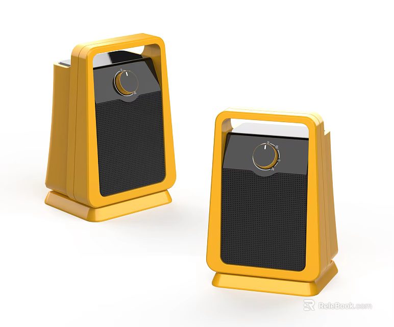 Two Yellow Desktop Speakers With Black Grille And Control Knob Design 3d model 