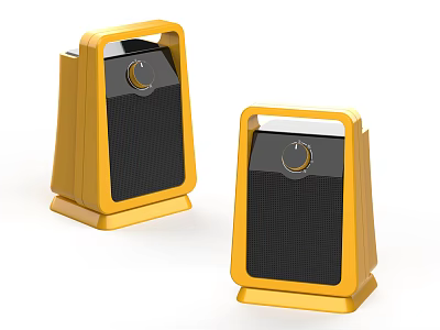 Two Yellow Desktop Speakers With Black Grille And Control Knob Design 3d model