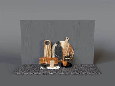 Stylish Kitchen Utensils Collection With Wooden Cutting Boards Marble Trays And Glass Cups 3d model