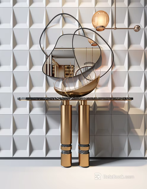 Elegant Console Table With Golden Pillars Black Marble Top And Decorative Mirror On Geometric Wall 3d model 
