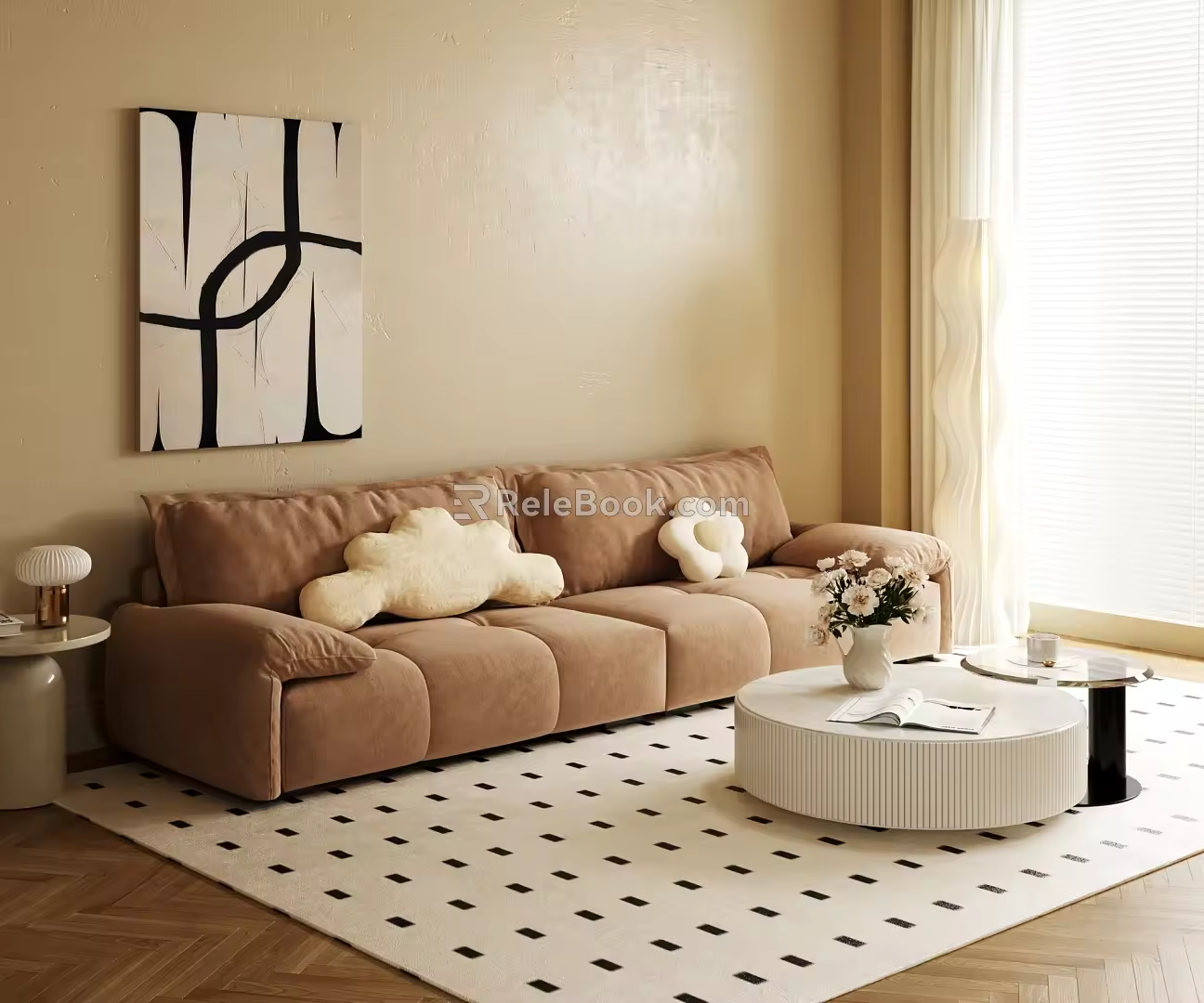 Sofa Modern Cream Style Sofa Coffee Table Combination Multi-person Sofa Floor Lamp Hanging Picture 3d model