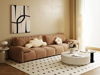 Brown Velvet Sofa And White Round Coffee Table Set With Abstract Painting And Geometric Rug 3d model