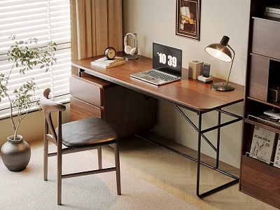 Cozy Home Office Workspace With Wooden Desk Laptop Table Lamp And Leather Chair 3d model