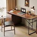 Cozy Home Office Workspace With Wooden Desk Laptop Table Lamp And Leather Chair