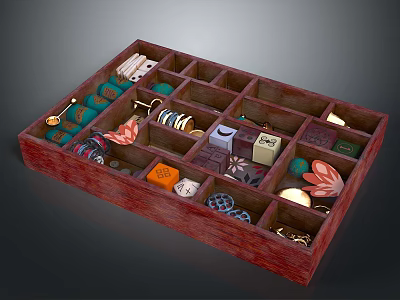 Wooden Storage Box Organizer With Multiple Compartments And Small Decorative Items 3d model