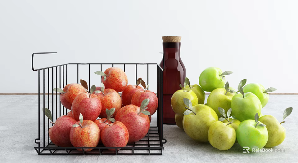 Fresh Ripe Red And Green Apples In Black Wire Basket With Maroon Bottle 3d model 