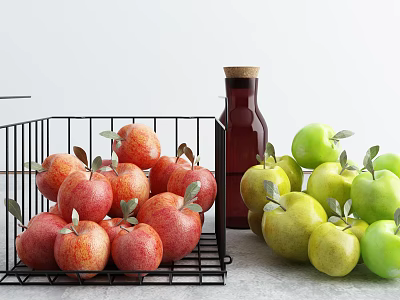 Fresh Ripe Red And Green Apples In Black Wire Basket With Maroon Bottle 3d model