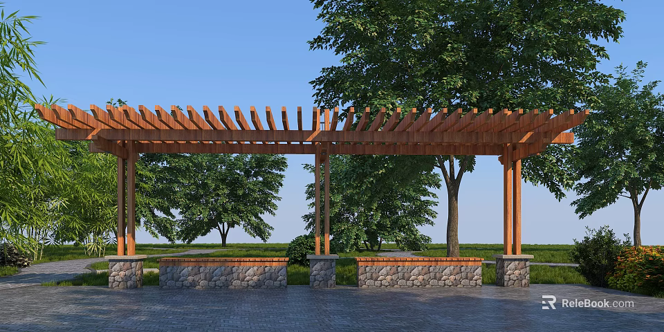 Wooden Pergola With Lattice Roof Stone Base And Surrounding Trees Grass Under Blue Sky 3d model 
