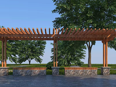 Wooden Pergola With Lattice Roof Stone Base And Surrounding Trees Grass Under Blue Sky 3d model