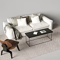 White Sofa with Pillows Throw Blanket and Black Coffee Table with Accent Chair Patterned Rug 3d model