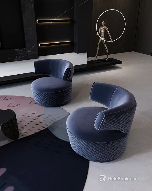 Elegant Modern Blue Single Sofa With Diamond Stitching And Round Base In Living Room 3d model 