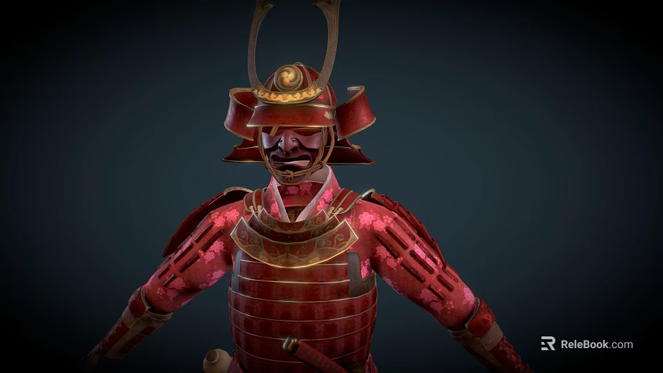 Samurai Warrior In Red Traditional Armor With Dragon Motifs And Horned Helmet Design 3d model 
