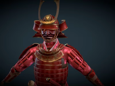 Samurai Warrior In Red Traditional Armor With Dragon Motifs And Horned Helmet Design 3d model