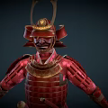 Samurai Warrior In Red Traditional Armor With Dragon Motifs And Horned Helmet Design