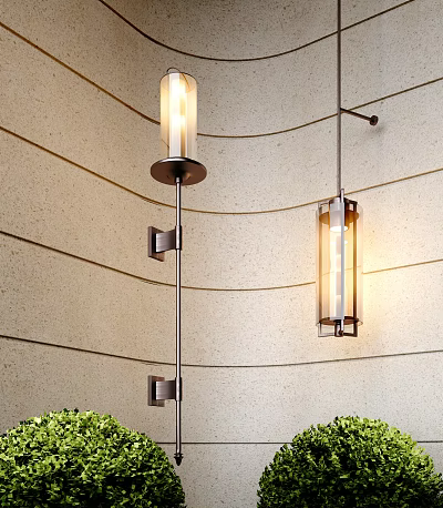 Modern Wall Lamps With Glass Shades And Metal Frames On Textured Wall Near Green Plants 3d model