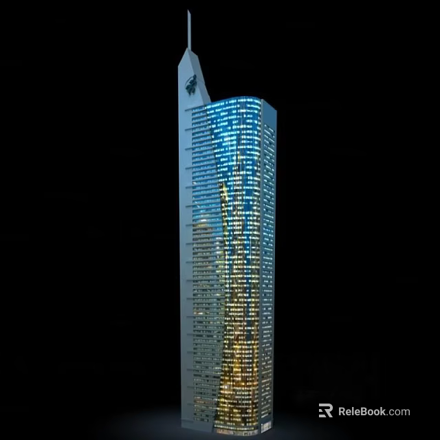 Tall Modern Office Building With Glass Curtain Wall And Illuminated Lights At Night 3d model 