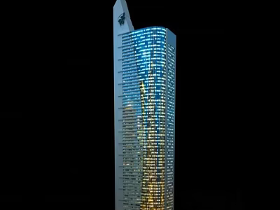 Tall Modern Office Building With Glass Curtain Wall And Illuminated Lights At Night 3d model