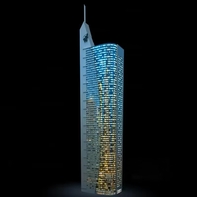 Tall Modern Office Building With Glass Curtain Wall And Illuminated Lights At Night 3d model