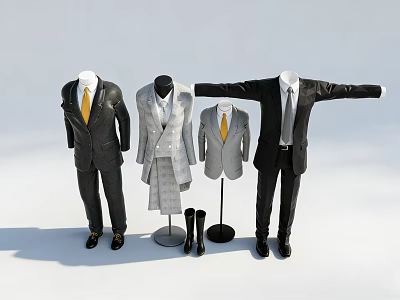Formal Clothes on Mannequins with Suits Tie and Shoes in Various Styles 3d model