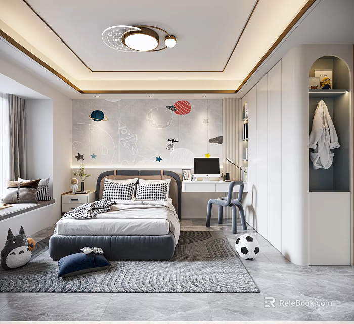 Modern Kids Bedroom Interior With Space Wall Art And Study Area 3d model