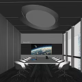 Modern Conference Room Interior With Large Windows Circular Pendant Light Long Table And Chairs