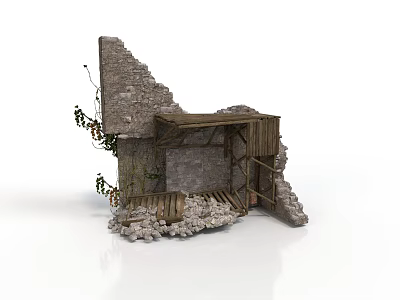 Ruined Stone Wall Structure Featuring Wooden Beams And Green Climbing Vines 3d model