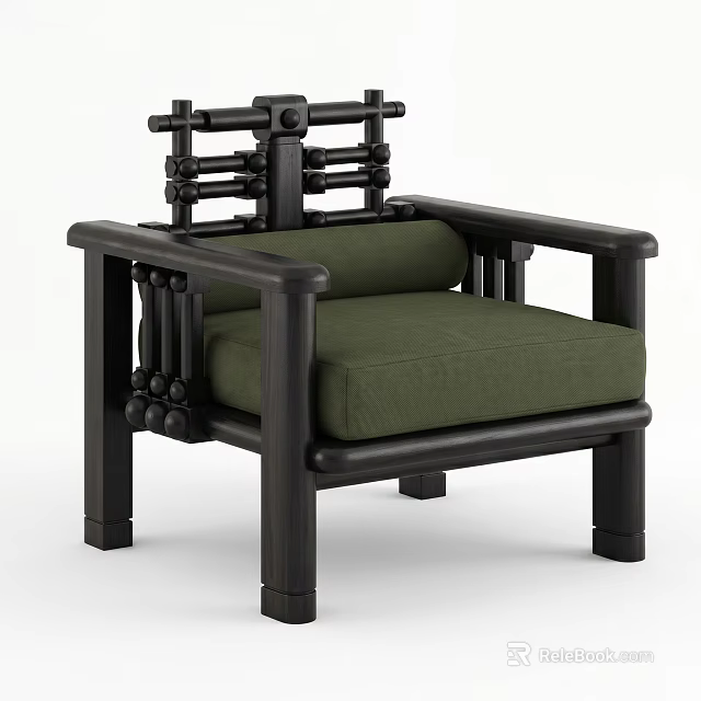 Retro Industrial Dark Wood Frame Leisure Chair With Comfortable Olive Green Fabric Cushions 3d model 