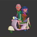 Two Cartoon Characters Riding White Scooter Male In Blue Striped Shirt Female In Red Top