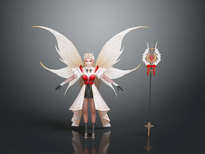 Elegant Fairy Character With Large White Wings Red And White Outfit And Decorative Staff 3d model