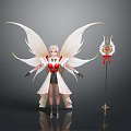 Elegant Fairy Character With Large White Wings Red And White Outfit And Decorative Staff