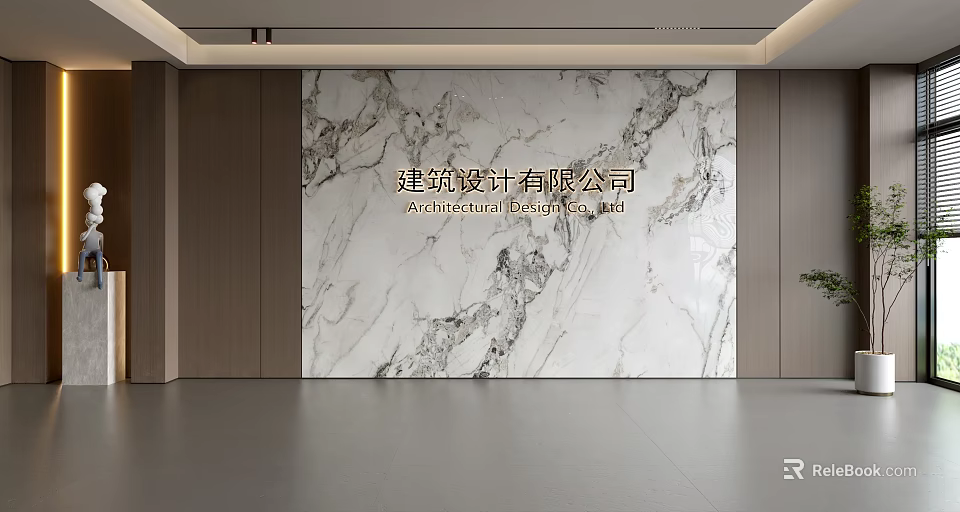 Modern Architectural Space Featuring Elegant Marble Background Wall And Wooden Accents 3d model 