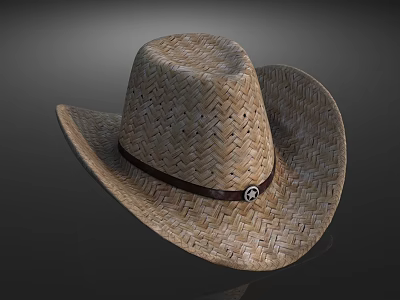 Classic Cowboy Style Straw Hat In Woven Material With Brown Leather Band And Metal Buckle 3d model