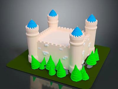 Cute Castle Model With Blue Top Towers Beige Walls And Green Trees On Green Base 3d model