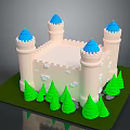 Cute Castle Model With Blue Top Towers Beige Walls And Green Trees On Green Base