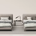Stylish Single Beds Bedroom Interior With Bedside Table Lamp And Soft Pillows 3d model