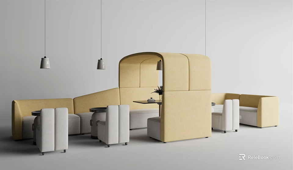 Modern Public Seating Interior With Yellow Curved Structure White Chairs Tables And Hanging Lamps 3d model 