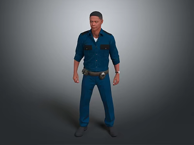 The Man In Blue Long Sleeve Uniform Standing With Belt And Pocket Details 3d model