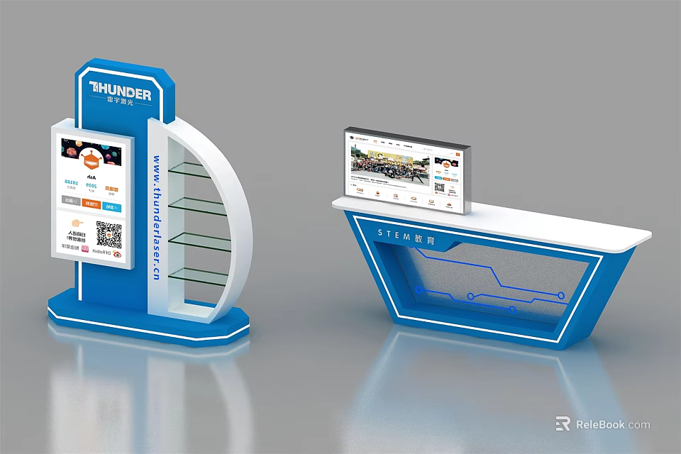 Modern Blue Display Shelves with Digital Screens and Glass Shelves for Project Showcase 3d model 