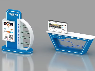 Modern Blue Display Shelves with Digital Screens and Glass Shelves for Project Showcase 3d model